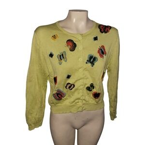 Snak Butterfly Embroidered Cardigan Sweater Light Yellow Button Up Long Sleeve S